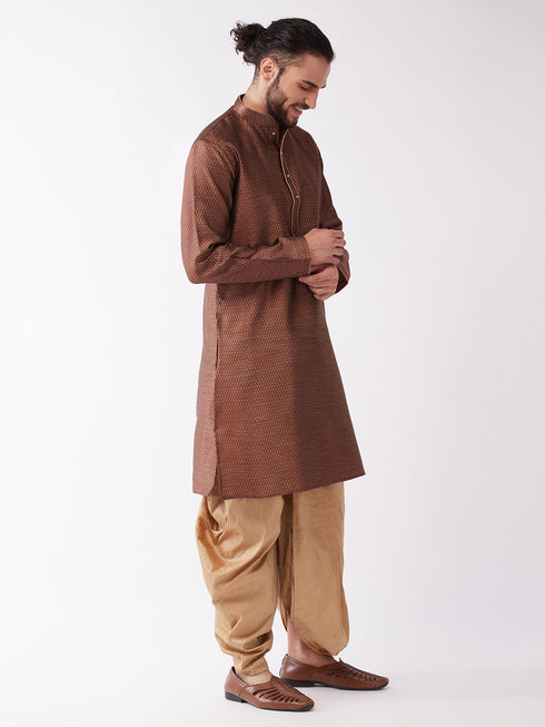 Vastramay Men's Maroon And Rose Gold Silk Blend Kurta And Dhoti Set